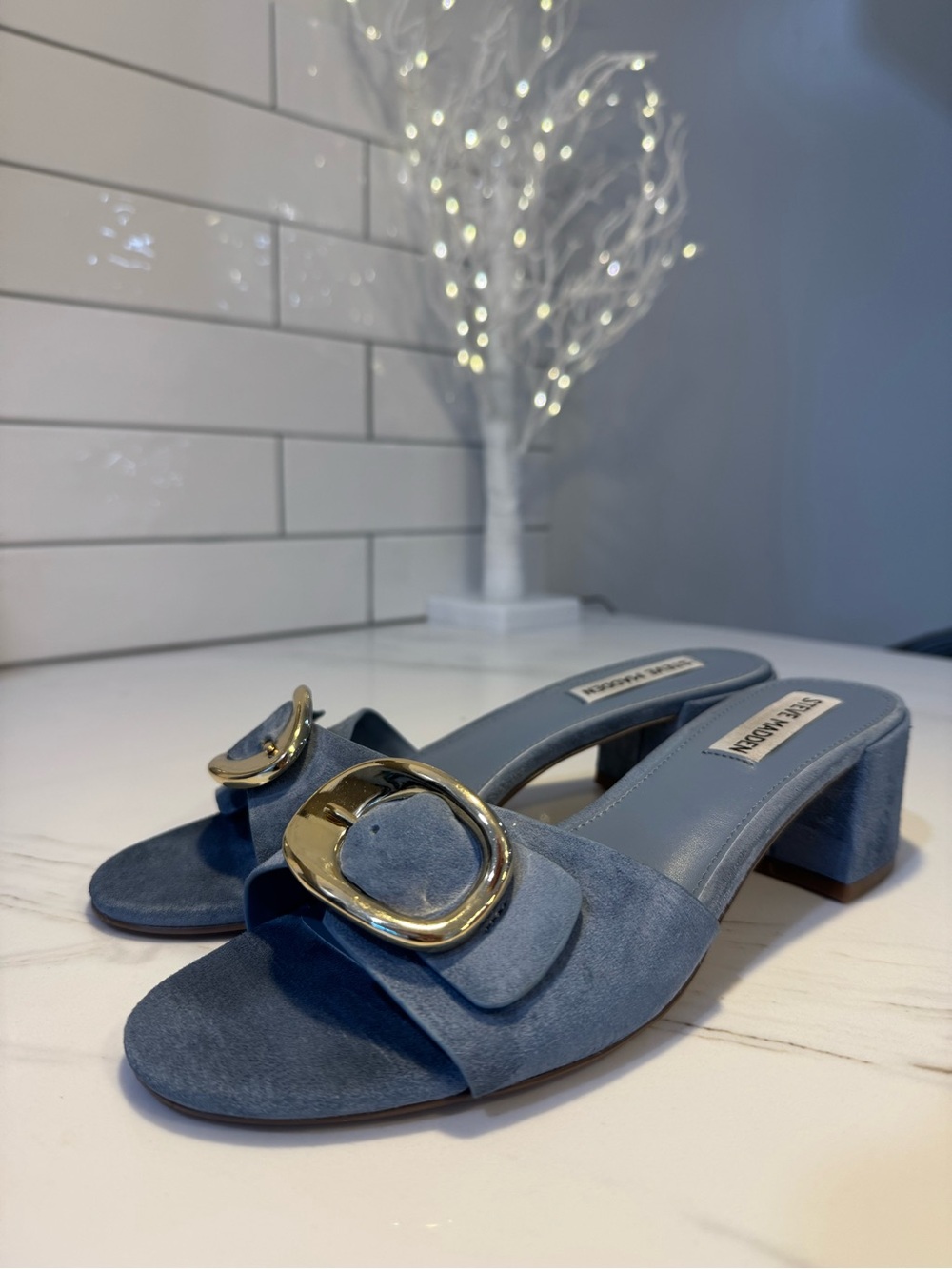 Steve Madden Blue Suede Block Heel Mules with Gold Buckle